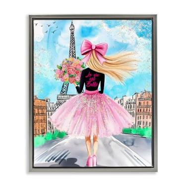 Imagem de Stupell Industries Parisian Fashionista & Bouquet Gray Framed Floater Canvas Wall Art Design por Jess Stempel, 21 x 17