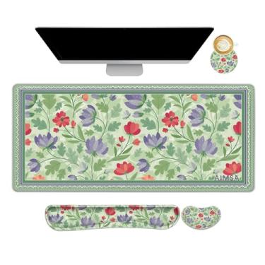 Imagem de AIMSA Conjunto de suporte de pulso para mouse para jogos, mesa + descanso de pulso para mouse + descanso de pulso para teclado + porta-copos ergonômico, combo de mouse pad 4 em 1 para escritório em