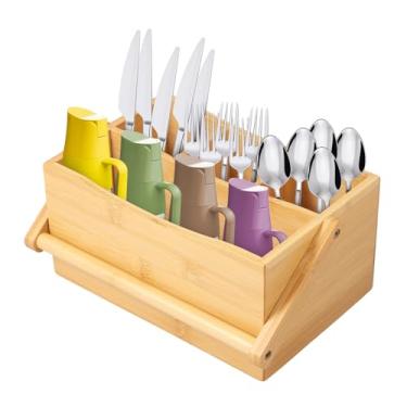 Imagem de Organizador de talheres de bambu com alça, 4 compartimentos, suporte de talheres de fazenda, organizador para cozinha, banheiro, quarto, festa