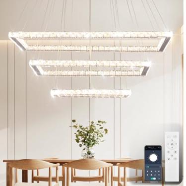 Imagem de Finktonglan Lustres modernos reguláveis de 79,8 cm com controle remoto, 3 retângulos de LED de anéis de luz pendente de cristal para lustre da ilha de Kichen, luz de teto para sala de jantar, cozinha