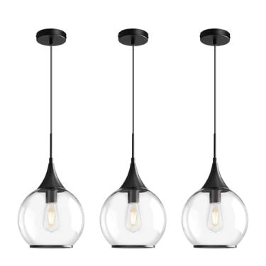 Imagem de HAHZT Luzes pendentes Ilha da Cozinha: Pacote com 3 Luminárias Pretas Modernas com Vidro Transparente - Globo de Meados do Século 25 cm Luminárias de Iluminação de Cozinha Teto para Bar de Corredor