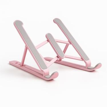 Imagem de Suporte notebook Ajustável Liga de ALUMINIO, 6 POSICOES, saida de ar, serve para notebook tablet celular qualquer eletronico, Dobrável, com estojo de transporte (Rosa)