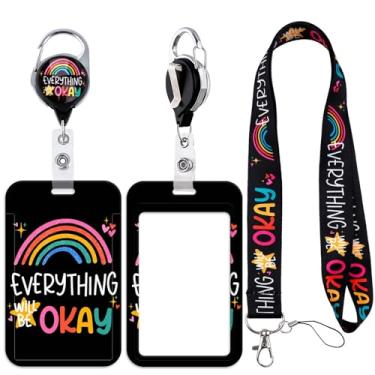 Imagem de Cordão fofo "Everything Will BE OK" para crachá de nome com clipe retrátil suporte de crachá de enfermeira para trabalho professor estudante pescoço cordão de identificação com gancho J de aço