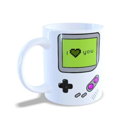 Imagem de Caneca Gamer Retrô 'I Love You', Design Game Boy, Cerâmica Branca, arte de alta definição de imagem