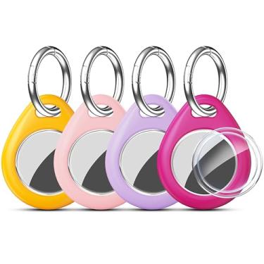 Imagem de RFUNGUANGO Capa protetora compatível com porta-chaves AirTag – Pacote com 4 capas protetoras com chaveiro de metal para crianças, animais de estimação, bagagem, mochilas, chaves, amarelo, rosa, roxo