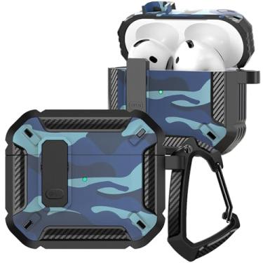 Imagem de CCSmall Capa para AirPods 4ª geração, design camuflado, à prova de choque, com chaveiro mosquetão e capa magnética com trava automática para Airpods 4, azul camuflado