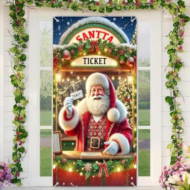 Imagem de BlissYard Banner de porta de feliz Natal para cabine de bilhete de Papai Noel, placa de boas-vindas de Natal com luzes festivas e guirlanda para decoração de Natal de varanda frontal de inverno ou
