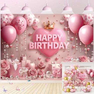 Imagem de Pano de fundo rosa feliz aniversário ouro rosa floral coração coroa balão elegante fundo de fotografia meninas princesas mulheres aniversário chá de bebê decoração de festa banner suprimentos para