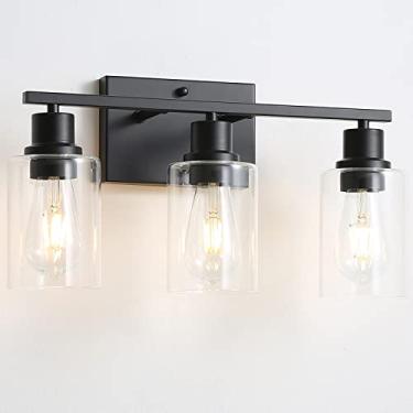 Imagem de FILIMITIY Luminárias de banheiro para banheiro, 3 luzes pretas foscas, arandelas de parede com sombra de vidro transparente para corredor, casa de fazenda, quarto, sala de estar