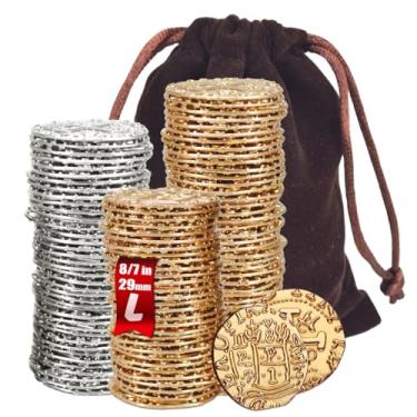 Imagem de Large Metal Pirate Coins –Gold Treasure Coin Set, Metal Replica Spanish Doubloons for Board Games, Tokens, Toys, Cosplay – Realistic Money Imitation for Treasure Chest (Gold and Silver 102 PCS)