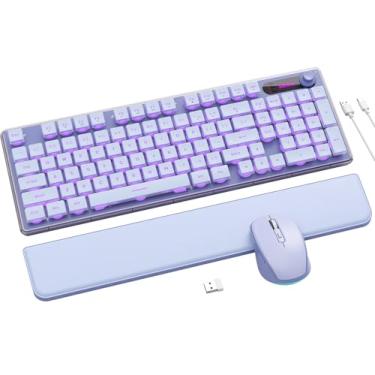 Imagem de Combo de teclado e mouse sem fio – 9 efeitos retroiluminados, descanso de pulso, teclas de disparo duplo, painel de metal, recarregável de longa duração, conjunto de teclado e mouse de 2,4 G para