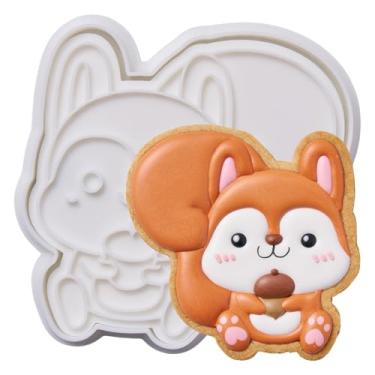 Imagem de Flycalf Cortador de biscoito de outono de Ação de Graças em formas de esquilo com carimbos de êmbolo, acessórios de panificação PLA, moldes de cortar, presentes para crianças, decoração de festa, 9 cm