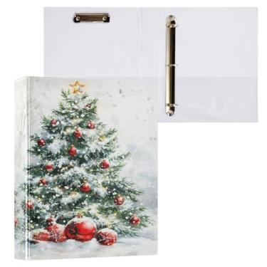 Imagem de Fichário de 3 anéis para árvore de Natal verde floco de neve de 3,8 cm, fichários de três anéis com prancheta, serve para papel de 21 x 28 cm, 3 bolsos internos de PVC transparentes para material de
