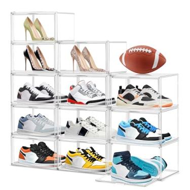 Imagem de EDS FAM Pacote com 12 caixas organizadoras de sapatos de plástico transparente empilháveis com tampa magnética, estojo de exibição de acrílico, suporte de tênis para armário, cabe até tamanho 12 dos