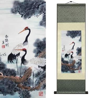 Imagem de Newscz Arte de parede de guindaste vermelho estilo zen, rolagem de seda, cenário de pinheiro asiático com ramos de flores, pôsteres de pássaros chineses tradicionais para sala de estar, quarto