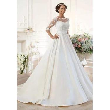 Imagem de Vestido De Noiva Peito De Renda Manga 3/4 Elegante - AUGUI Noiva, G, B
