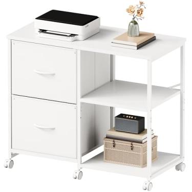 Imagem de YeTom Armário de arquivo lateral de tecido de 3 gavetas com rodas, suporte de impressora com prateleira de armazenamento aberta para escritório em casa, branco