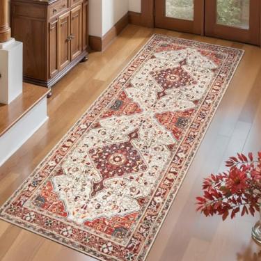 Imagem de SERISSA Tapete de corredor vintage 5 x 15 antiderrapante lavável - Tapete de cozinha para entrada e lavanderia, tapete fino clássico oriental de pelo baixo, bege/laranja