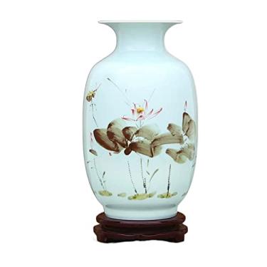 Imagem de AKALNNB Vaso de flor vaso de cerâmica chinês retrô pintado à mão vasos de porcelana azul e branco 37 cm grande decoração de mesa vaso de flores com base vaso decorativo