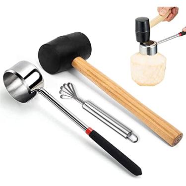 Imagem de Conjunto de abridor de coco de aço inoxidável, ferramenta de abertura de coco verde e terno, martelo de coco com cabo de madeira para escova de coco, A