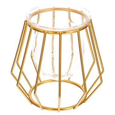 Imagem de WUHUQN Vaso de flor de vidro com suporte de metal Vaso de tubo de ensaio transparente Vaso hidropônico Vaso de vidro Vaso de vidro Vaso de flores de terrário Recipiente de flores dourado 10. 5X10