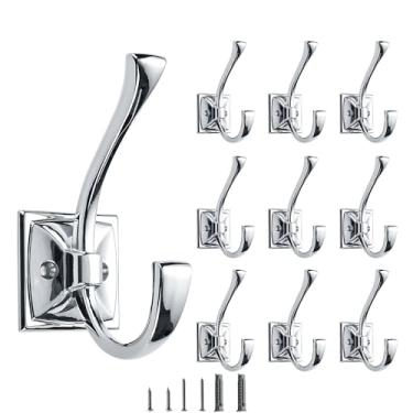 Imagem de CABDM Pacote com 10 ganchos decorativos para toalhas resistentes para pendurar roupão, ganchos cromados duplos polidos montados na parede com parafusos para chave, toalha, bolsas, copo, chapéu