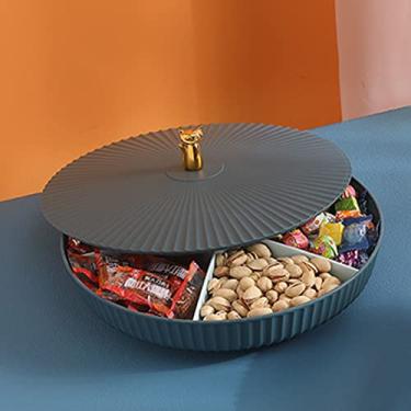 Imagem de Pratos de servir redondos divididos, bandeja de lanche de festa com 5 compartimentos com tampa, prato de frutas, prato de vegetais giratório de 360°, azul
