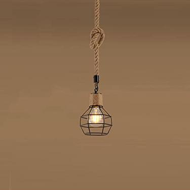Imagem de YQSLQZZ Lustre de corda de cânhamo natural, luminária de teto para sala de jantar boêmia e ilha de cozinha, gaiola de ferro industrial vintage, luzes de teto suspensas, altura ajustável (preto)