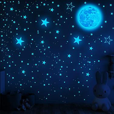 Imagem de 1049 peças que brilham no escuro estrelas e lua para teto, parede quarto Chirl adesivos de decoração de quarto, presentes para meninos e meninas (estrelas e lua de luz azul)