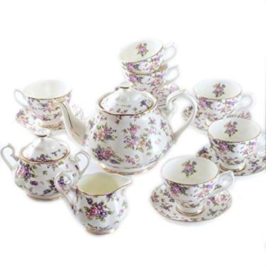 Imagem de Conjunto de chá, xícara de chá e colher de pires, conjuntos de chá de porcelana óssea, para chá da tarde e bule de café com açucareiro, jarra de creme, branco (branco) (azul) (branco)