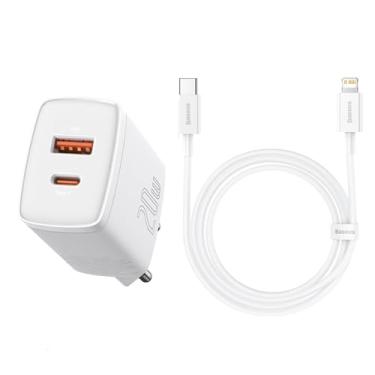 Imagem de Fonte Carregador 20w Dual USB-C + USB Ultra Rápido Baseus Compatível Com IPhone X, 11, 12 Todos (Branco(Cabo))