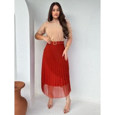 Imagem de Saia Rodada Midi Soltinha com Babado Camadas em Tule - Fashion, Terra,