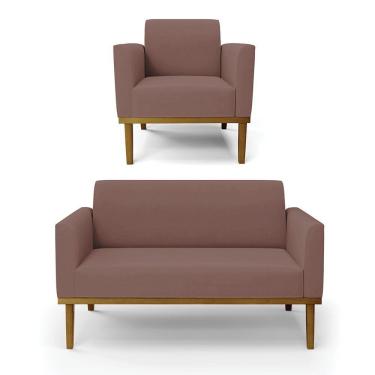 Imagem de Sofá Namoradeira Com Poltrona Base De Madeira Fixa Castanho Marisa Veludo D03 - D?rossi Cor Rose