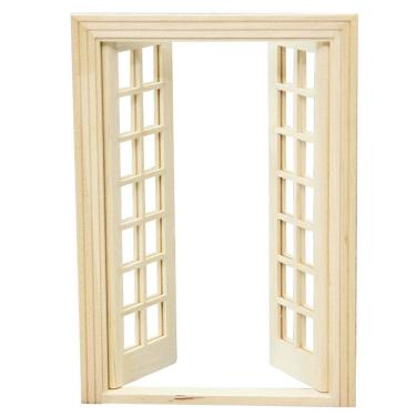 Imagem de Janela de casa de bonecas com porta dupla de madeira em miniatura com design de 28 grades