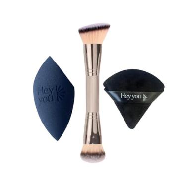 Imagem de Kit Pincel Duo Fiber Multifuncional + Esponja blend tridimensional + Esponja de Acabamento Puff Hey You 3 peças