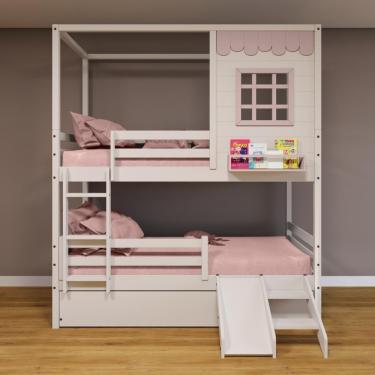 Imagem de Treliche Casinha Reta Com Grade Removível E Escorregador Madeira Maciça Branco/ Rosa Housin