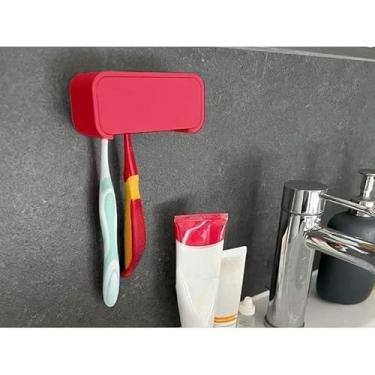 Imagem de Porta Escovas de Dente Parede – Fixação Sem Furo – Suporte Para 4 Escovas + Fita Dupla Face Forte(Vermelho,2 Escovas)