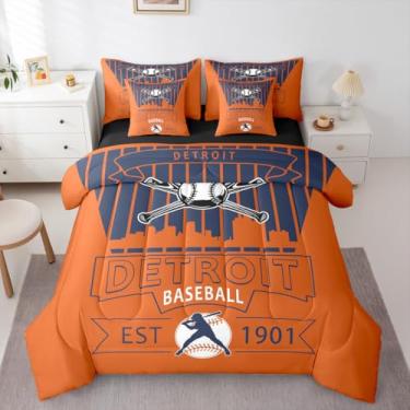 Imagem de Erosebridal Jogo de cama solteiro com edredom de beisebol da cidade de Detroit, para meninos e meninas, 7 peças, conjunto de cama esportiva urbana