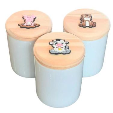 Imagem de Kit de Higiene para Bebê com 3 Potes em Porcelana com Tampa de Pinus -