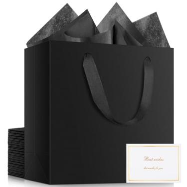 Imagem de EUSOAR Bolsa de presente preta, 20 peças de 32 x 11 x 28 cm, sacolas de agradecimento com alças, 50 peças de papel de seda preto de 50 x 76 cm e 20 cartões brancos em branco dourado para festa de