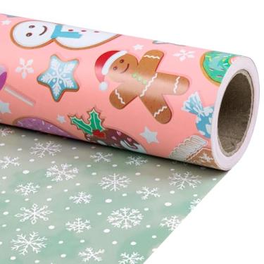 Imagem de RUSPEPA Rolo de papel de embrulho reversível de Natal para crianças, mini rolo, pão de gengibre, donut, design de bengala doce e floco de neve verde claro, ideal para presentes de Natal e Natal, 43 cm