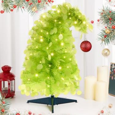 Imagem de Vertintong Árvore de Natal verde de 60 cm com luzes de LED, árvore de Natal artificial de elfo com galhos dobráveis, decorações de Natal de plástico curvadas caprichosas para festas, férias, decoração