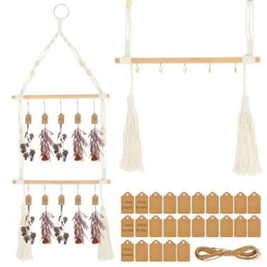 Imagem de ZFLYCANP Estante de secagem de ervas de 2 níveis, prateleira suspensa para secar ervas com 25 peças de etiquetas de presente e fio de juta natural de 9,8 m, secador de ervas para secagem de flores