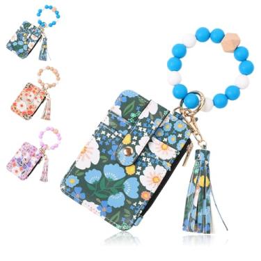 Imagem de Carteira feminina Boho com estampa de flores - porta-cartões e chaveiro, chaveiro decorado com contas e borlas estilo boho feminino, presente para mulheres, esposa, mãe (1 peça), Azul