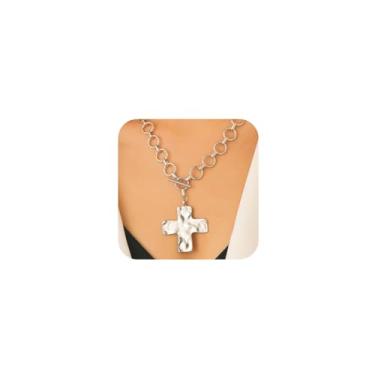 Imagem de SAVNOJW Colar de ouro grosso grande com cruz martelada para mulheres, corrente de fé vintage e grossa, prata, cruz, em camadas, coração, OT, corrente vintage, Large, Metal, Sem Pedra Preciosa