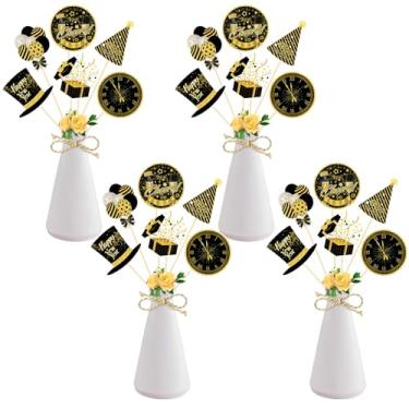 Imagem de 24 peças de palitos de centro de mesa com gliter feliz ano novo preto e dourado parabéns véspera de ano novo mesa flor centro de mesa palitos para decoração de festa de ano novo suprimentos de