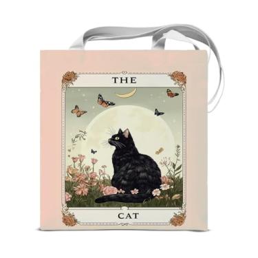 Imagem de KSFFWQIN Sacola feminina com estampa de cartão de tarô para mulheres, floral, gato, lua, estética, reutilizável, mercearia, bolsa de ombro para compras, trabalho, viagens, bruxas, presentes