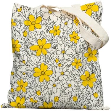 Imagem de bafayago Sacola floral de lona de margarida estética, bolsa de lona de flores, alça larga dupla face com fecho de pressão e bolso interno para viagem, trabalho, compras, praia