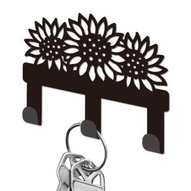 Imagem de DELORIGIN Porta-chaves de girassol para parede, mini ganchos de ferro preto de flor, suporte de chave montado na parede com 3 ganchos, pequenos cabides para chaves de casa para entrada, porta da