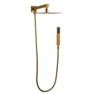 Imagem de Ducha Chuveiro 20x20cm Inox Quadrada Com Desviador e Ducha Manual (20x20 INOX 201 DOURADO)